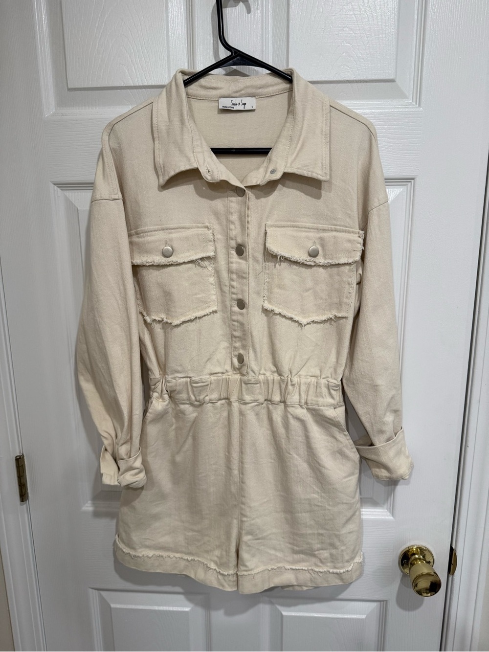 Sadie & Sage Echo's Sister Distressed Denim Romper Cream Utility Frayed S